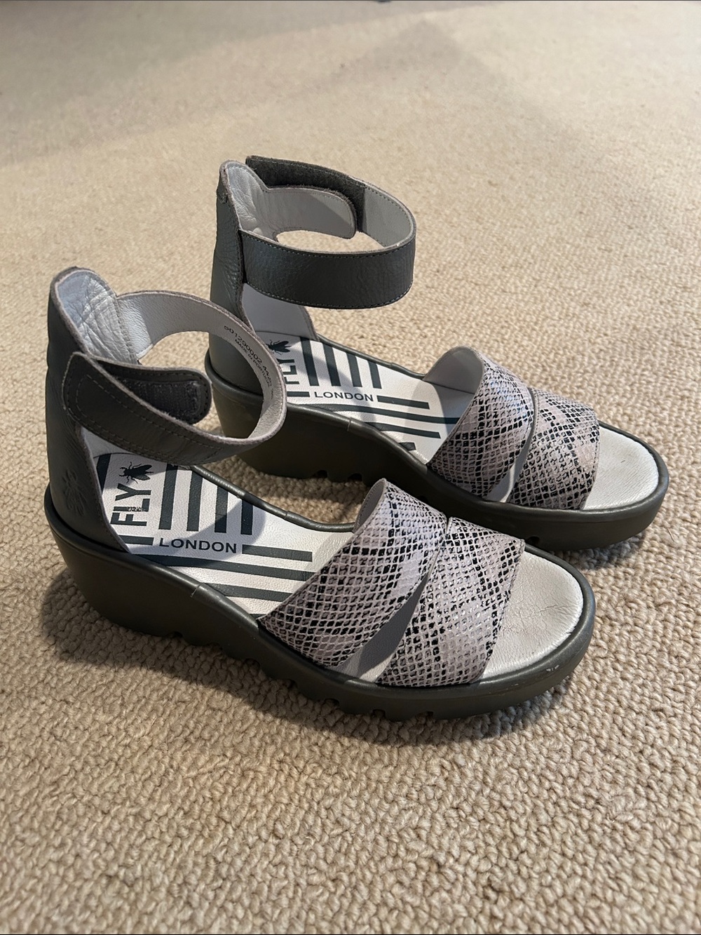 Fly London Gray Snake-Print Ankle-Strap Sandals size 38 (7.5 USA)